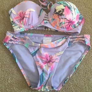 Tropical two piece strapless bikini set